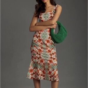 Anthropologie One Shoulder Dress in Orange and Green